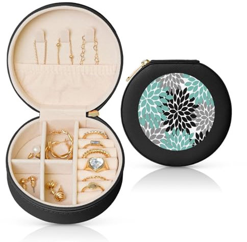 GSGCSBYMLG Dahlia Flower printed Round Leather Jewellery Box Jewellery Storage Box Portable Jewellery Box