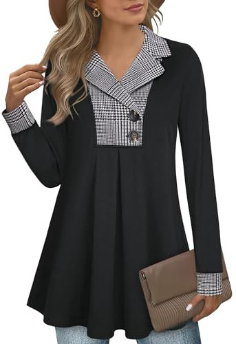 GUUKA Ladies Casual Long Sleeve V Neck Swing Tunic Tops Loose Pleated Pullover Sweatshirt Longline Autumn Jumpers Sweater For Women UK(Black White,M)