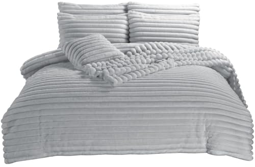 London Dream Big Cord Teddy Fleece Duvet Cover Set with Pillowcases Curtain Throw Cushion Cover Super Soft Warm Cosy Quilt Cover Xmas Bedding Set (Silver, Super King Duvet Set)
