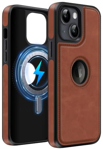 MOBESV Lederhülle mit Logo-Ansicht für iPhone 13 6,1 Zoll, Magnetisch Handyhülle kompatibel mit MagSafe, Dünn Klassische Elegant Hülle, Braun