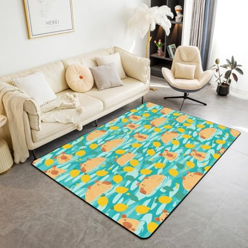 Manfei Capybara Kids Area Rug America Rodents Floor Mats Rugs for Boys Girls Room Decor, Cartoon Animal Theme Decorative Rug for Living Room, Absorbent Carpets, 5'x6'6''