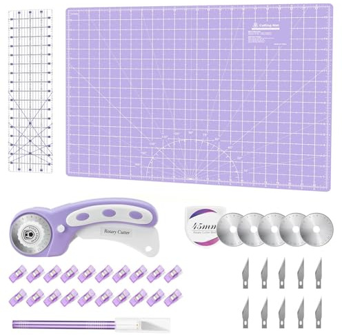 Rollschneider Set Lila - Quilting Kit inkl. 45mm Stoffschneider, 5 Ersatzklingen, A2 Schneidematte, Acryl Quilting Lineal, Nähclips, Bastelmesser Set, ideal zum Basteln, Nähen, Patchworken