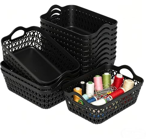 Afromy 12-Pack Mini Desktop Basket, Plastic Storage Basket Tray with Handle, Black