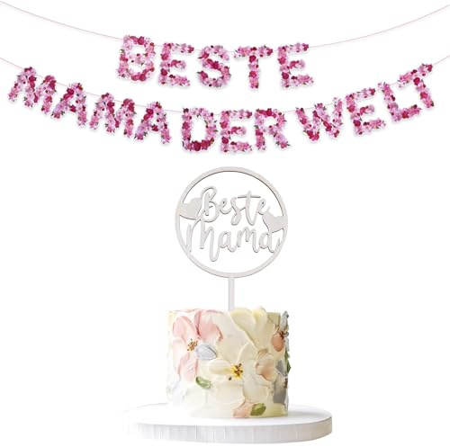 Qaziuy Muttertag Deko, Beste Mama Banner & Cake Topper aus Holz, Rosa Glitter Girlande mit Goldglitzer-Effekt für Geburtstag Party Dekoration