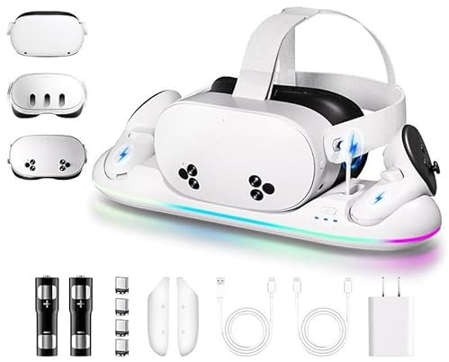Station de charge pour Meta Quest 3/3S/2 - Station magnétique VR avec charge rapide - 2 batteries rechargeables de type C - Éclairage RVB - Accessoires pour casque et manette Oculus Q-uest