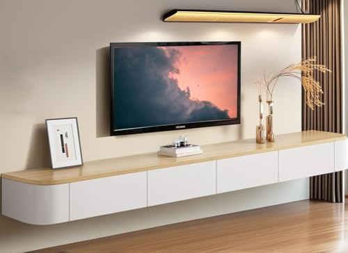 Coubird Floating TV Unit, Wall Mounted TV Cabinet, Floating Shelves with Doors & Drawer, Modern Entertainment Media Console Center Storage TV Bench for Living Room & Office (White Brown,220cm/86.6in)