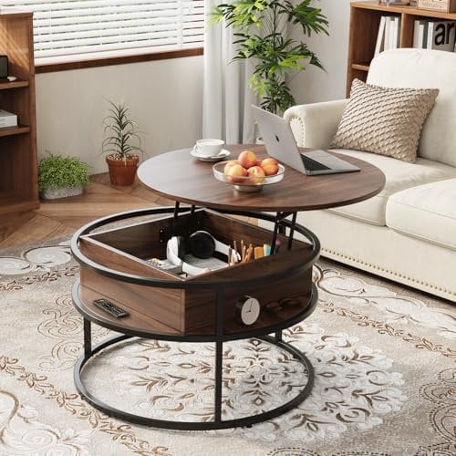 VOWNER Mesa Auxiliar Redonda, Mesa de Centro Elevable, Mesa Centro Salon, 80 x 80 x 62 cm, Moderna, con Almacenamiento Oculto, para Salón, Oficina, Nogal