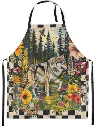 Homemissing Loup Réglable Tablier Etanche forêt décoration fleurs Tablier de cuisine hommes femmes vert cuisine pour Chef Hommes Femmes