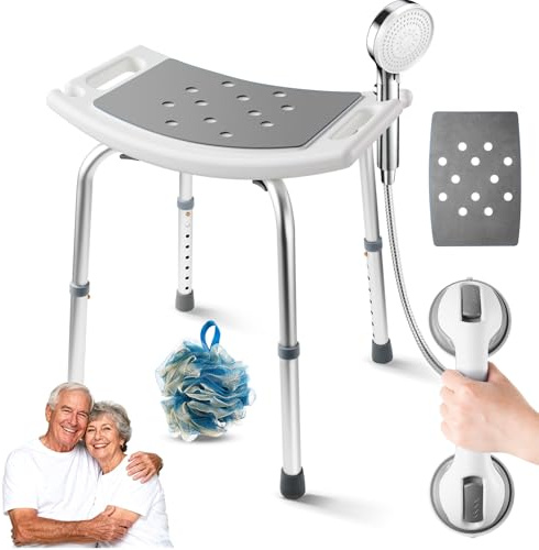 Casgee Duschhocker Höhenverstellbar 37-57cm, Duschstuhl 8 Stufen, Duschhocker für Senioren Belastbar bis 136kg, Badhocker mit Rutschfesten Gummifüßen für ältere Menschen, Grau