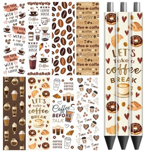 Peacoblue UV DTF Stift-Wrap Aufkleber Kaffee – 48 Stück Wasserdicht HD-Druck für personalisierte DIY-Stifte und Geschenke zum Muttertag