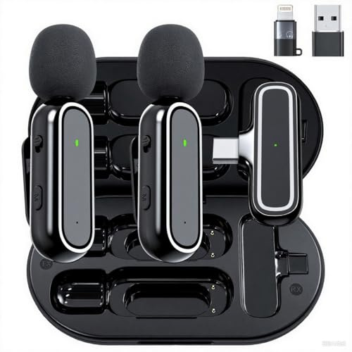 Wireless Lavalier Microphone for iPhone Android Camera USB-C with Charging Case, Noise Canceling Wireless Mini Microphone for YouTube, TikTok, Vlog, Interviews,Video Recording-K64-Electroplated Black