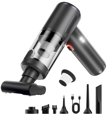 Anluomafuy Aspirador de Mano, 20000 Pa 3 en 1 Mini Aspirador Recargable con Motor sin Escobillas, Polvo Automática con un Toque, 7 Accesorios, Filtro HEPA Lavable, para Coche, Oficina Hogar
