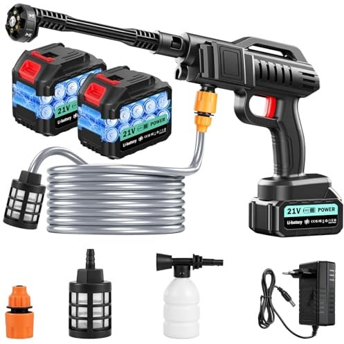 21V Idropulitrice a Batteria, 80Bar/1160PSI, 6L/min, 6 in 1 Ugello con 5M Tubo e 2 Ugelli, 2×3.0Ah Batterie, Gittata 10m, Idropulitrice Professionale per Auto Patio Giardino Pulizia Paviment