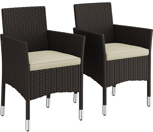 Yaheetech Rattan Garden Chairs Set of 2, Outdoor Garden Armchairs with Cushions, Armrests, High Backrest, Handwoven Rattan for Patio, Garden, Balcony, Brown/Beige