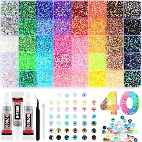 Qisino 32000pcs Flatback Gems 40 Colors Resin Jelly Rhinestones Bedazzling Kit with 3pcs Glue Pen and Tweezers for Clothing Shoes Nail Book Diamond Art (40colors)