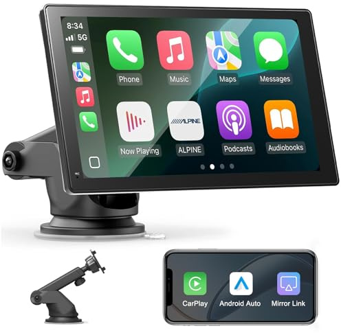 7 Zoll Wireless Carplay Display für Apple Carplay & Android Auto, Tragbares Autoradio mit 2.5D HD Touchscreen, Bluetooth, Mirror Link, Sprachsteuerung, GPS Navigation, AUX, FM-Übertragung, AirPlay
