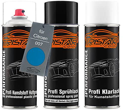 TRISTARcolor Vernice per auto Kit bombolette spray per paraurti di plastica per Citroen 007 Blu Saviem base adesiva vernice di base vernice trasparente con plastificante