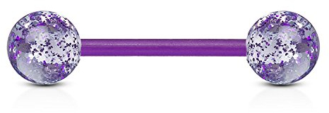 viva-adorno Barbell Piercing Stab Zungenpiercing Kunststoff Glitter Glitzer Kugeln Acryl flexibel Brustpiercing Z314, Lila