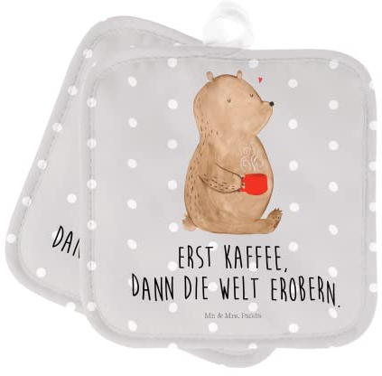 Mr. & Mrs. Panda 2er Set Topflappen Bär Kaffee - Geschenk, Coffee, Teddybär, Ofenhandschuh, Topflappen lustig, Topflappen 2er Set, Topfhandschuh,