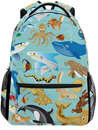 Jeansame Backpack School Bag Laptop Travel Bags for Kids Boys Girls Women Men Aquatic Animals Fish Shark Dolphin Ocean Sea