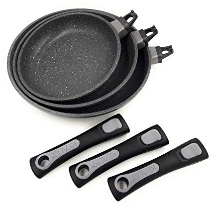 GREBLON Lot de 3 poêles en Pierre de Hautes qualités antiadhésif Compatible Tous Feux Dont Induction les 3 poêle à frire adapté au Four grâce à Leur Manches Amovibles Ø 20 cm, Ø 24 cm et Ø 28 cm