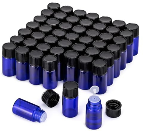 Pxyelec 50 Pack 3 ml Portable Blue Mini Glass Bottles Sample Bottles with Siamese Stopper and Black Fine Grain Cover for Essential Oils, Liquid, Lotion Sample Vials