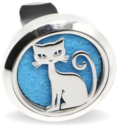 Zen’Arôme Diffuseur de Parfum pour Voiture Clip’Arôme, Désodorisant Voiture Pour Parfum et Huile Essentielle, Acier Inoxydable, Clip sur Grille de Ventilation, Motif Chat + 5 Buvards Réutilisables