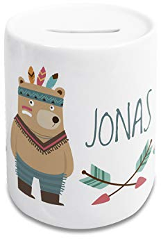 GRAZDesign Spardose Kinder Jungen mit Namen Indianer, Geldgeschenk personalisiert zur Einschulung, Taufe, Geburtstag, Weihnachten, Sparschwein