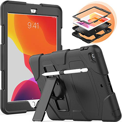 Timecity Case for iPad 9th/ 8th/ 7th Generation 10.2 inch - Heavy Duty Protective Cover with Screen Protector, Foldable Stand, Pencil Holder | Kids-Friendly (Black)