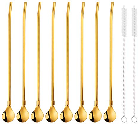 SBOMHS Wiederverwendbare Strohhalme Löffel 18/8 Edelstahl 8 Stück Trinkhalmlöffel Gold mit 2 Bürsten Cocktail Latte Macchiato Löffel 21,5CM