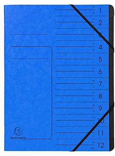 Exacompta 541202E Premium Ordnungsmappe geheftet. Aus extra starkem Colorspan-Karton DIN A4 12 schwarze Fächer und 2 Gummizüge mit Organisationsdruck Ringmappe Register-Mappe blau