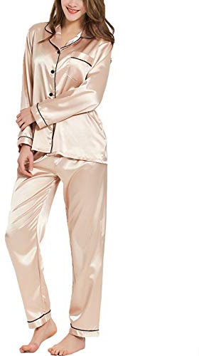 SWOMOG Pyjama en satin pour femme avec boutonnière à manches longues et pyjama 2 pièces, champagne, XXL