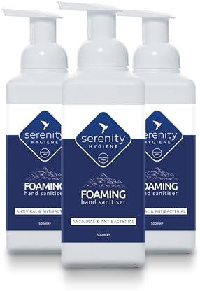 Serenity Hygiene Alcohol Free Foaming Hand Sanitiser 500ml - Unscented Antibacterial Antiviral Foam - Hospital Grade, Kills MRSA C.Diff Norovirus, Skin Friendly Pack of 3