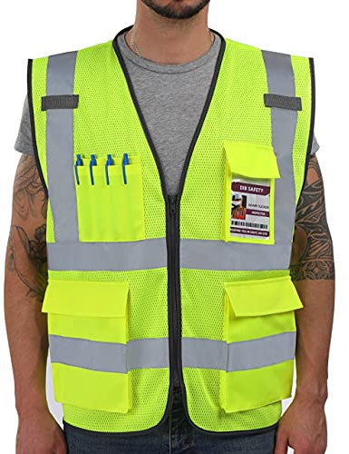Dib Safety Reflektierende Weste Mesh, Warnweste mit Taschen und Reißverschluss, Bauarbeitsweste ANSI Klasse 2, Gelb Mesh 2XL