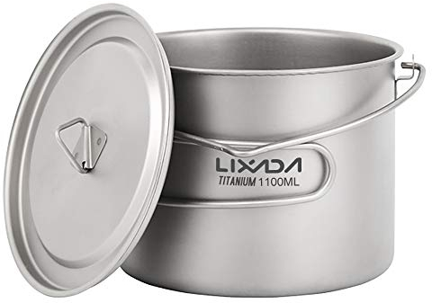 Lixada 750ml / 900ml / 1100ml Titanium Tasse Camping Topf mit Deckel, Ultraleichter Titantopf-Wasserbecher faltbarem Griff, für Outdoor Camping Wandern Rucksack Picknick