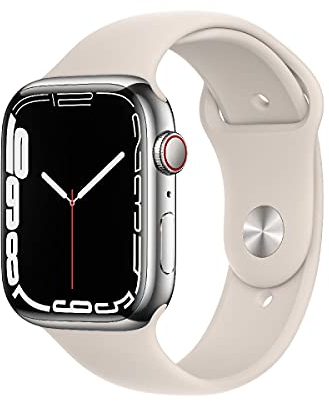 Apple Watch Series 7 (GPS + Cellular, 45mm) Smartwatch, Edelstahlgehäuse Silber, Sportarmband Sternenlicht - Regular. Fitnesstracker, Blutsauerstoff und EKGApps, Always-On Retina Display, Wasserschutz