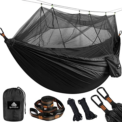 NatureFun Ultraleichte Moskito Netz Camping Hängematte (300 X 200 cm) 300kg Tragfähigkeit,Atmungsaktiv, schnell trocknende Fallschirm Nylon Enthalten 2 x Premium Karabinerhaken 4 x Nylonschlingen