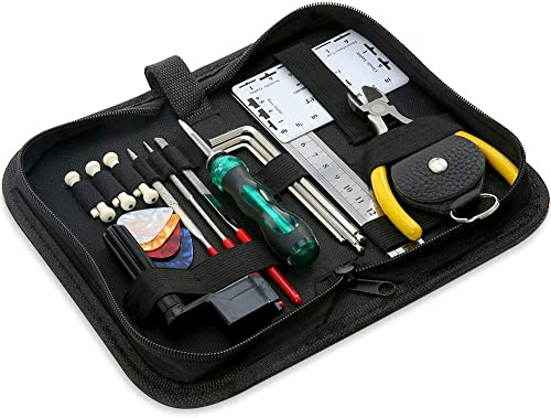 GREEYO 23pcs Gitarren Reparatur Set Gitarre Pflege Werkzeug - Saiten Organizer, Plektren, Lineal, Messgerät, Sechskant Schlüssel und Feilen für Gitarre, Ukulele, Bass, Mandoline