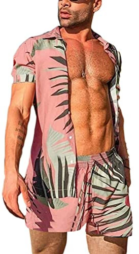 Tomwell Ensemble Survêtements Hawaiian Imprimé Homme Été T-Shirt à Manche Courte et Shorts 2 pièces Plage Casual Sportswear Fitness Jogging Mode Short à Cordon A Rose XXL