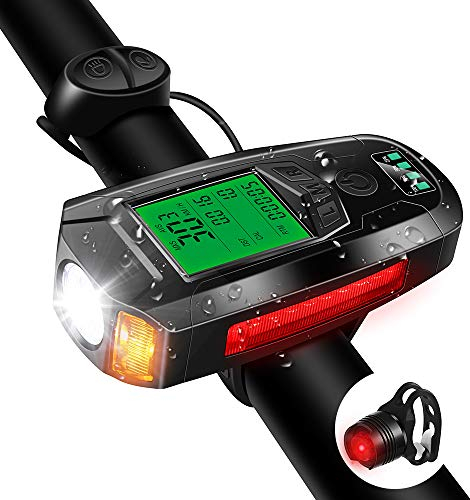 DETENG Bike Lights Set with Bike Speedometer,USB Rechargeable Bicycle Computer with Bike Bell, Headlights 5 Lighting Modes Flashlight Commuter- Riding Hiking Camping All Mountain & Road Cycling