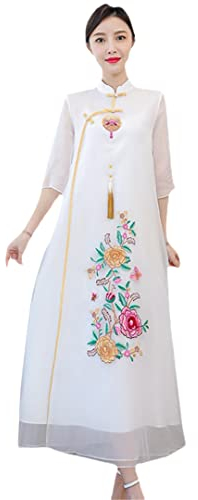 Qipao Vintage Elegant Chinese Style For Women Cheongsam Dress Ladies Buckle Stand Collar Loose Summer Flower Embroidery WHITE XXXL