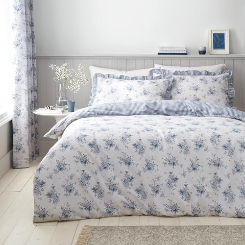 Catherine Lansfield Lucie Floral Frill Reversible Single Duvet Cover Set with Pillowcase White Blue