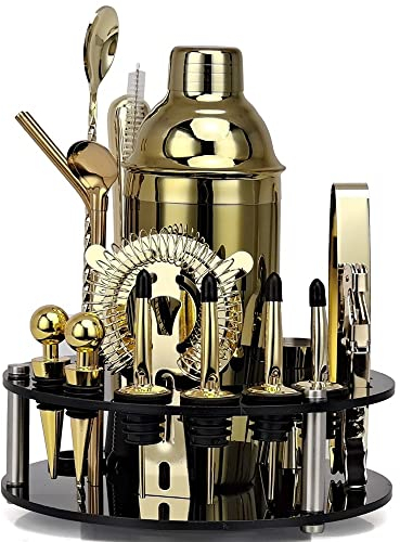 hansum Cocktail Shaker Set 20Pcs Stainless Steel Bartender Set Cocktail Making Kit with Acrylic Rotating Stand (Color : Gold)