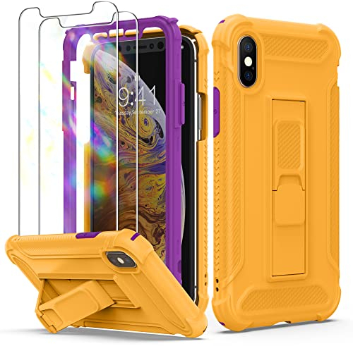 ORETECH [5-in-1 für iPhone XS MAX Hülle, mit [2 Stück Schutzfolie, Ständer, Vordere und Hintere Hülle], Handyhülle iPhone XS Max, [Militärschutz] Stoßfest Schutzhülle Hülle iPhone XS Max 6,5 Gelb