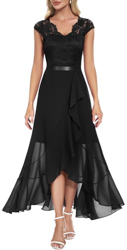 Bbonlinedress Schwarzes Kleid Damen Abendkleid lang Elegant Winter Cocktail Spitze Chiffon Hochzeit Brautkleid Party Ballkleid Black XL