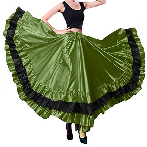 BACKGARDEN Langer Damenrock aus Satin, für spanischen Flamenco-Bauchtanz, Mexiko, Ballett, Folklorico, Performance, Schwarz/Rot, Olivgrün, Einheitsgröße