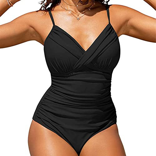 Bañador Mujer Reductores Vientre Plano Push up Elegante Traje de Baño con Aros Cuello en V Ajustables Tipo Sling Control de Barriga Pecho Grande Bañadores Mujer Verano Despedida Soltera Negro XXL