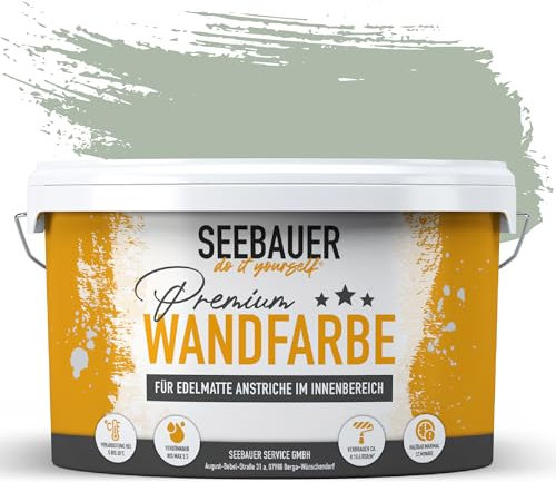 SEEBAUER diy Wandfarbe Grün 5L für Innen (No. 766 Ocean Grass) Edelmatte Innenfarbe Salbei Grün - Grüntöne sehr hohe Deckkraft - Matt, Abwaschbar und Tropffrei