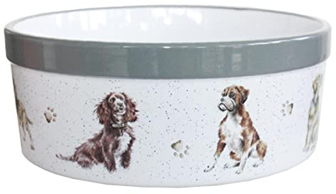 Wrendale Designs Steingut Hundenapf ca. 20,5cm D 1800ml Royal Worcester Schüssel mit Rasse-Hunde Portraits von der britischen Künstlerin Hannah Dale fürs Füttern & als Geschenk