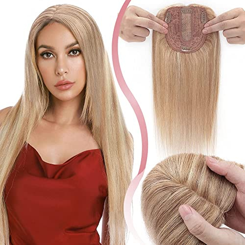 Elailite Topper Haarteil Echthaar Clip in Toupet Frauen Balayage Blond 30cm 40g Seide Basis Clip in Extensions Haarverlängerung 130% Dichte Remy Silk Base Glatt 12